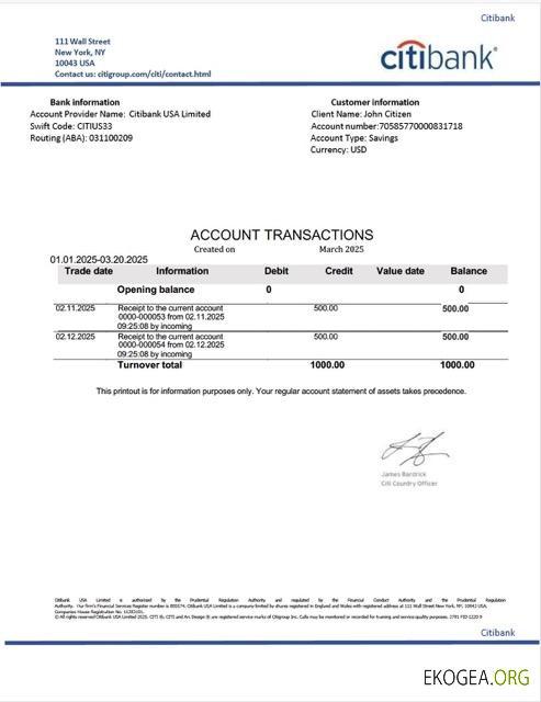 Modèle Word et PDF de relevé de compte Citibank aux États-Unis template Modèle Word et PDF de relevé de compte Citibank aux États-Unis template